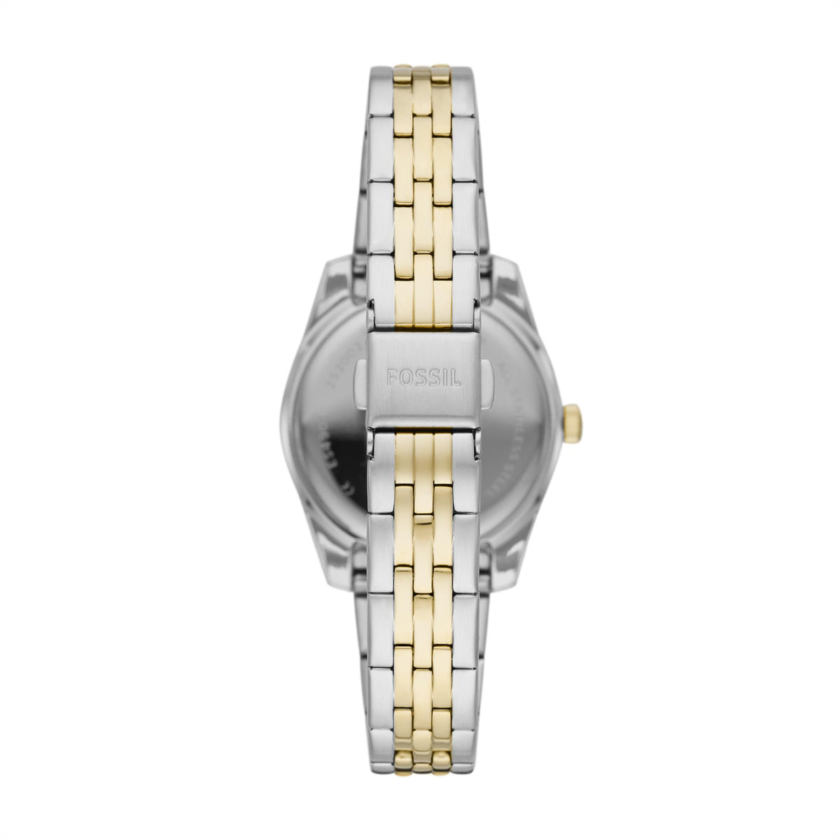Fossil Scarlette ES4949 rear view showing engraved steel fold-over clasp and two-tone bracelet band