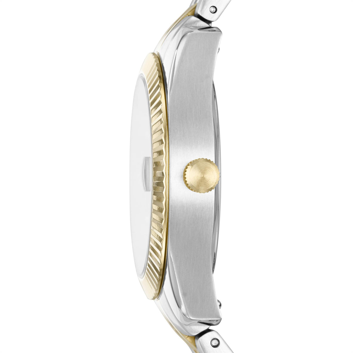 Fossil Scarlette ES4949 side profile view highlighting fluted gold bezel and brushed steel case profile