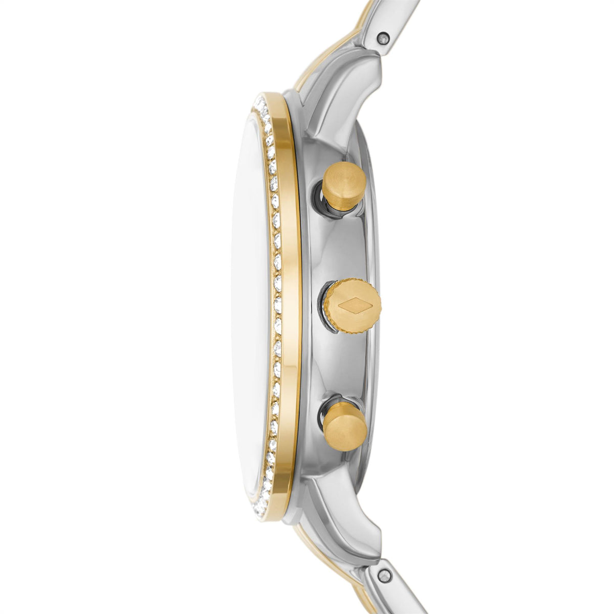 Fossil Neutra chronograph watch side profile, gold accents and crown on steel case
