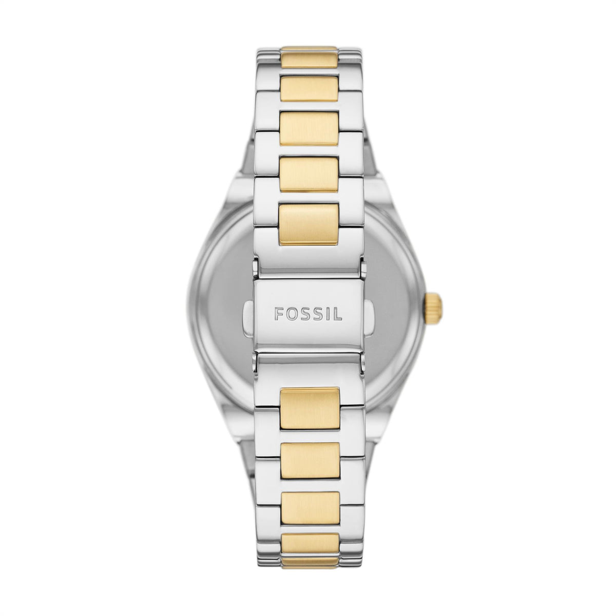 Two-tone quartz watch back view with silver links and gold dial window, FOSSIL engraving