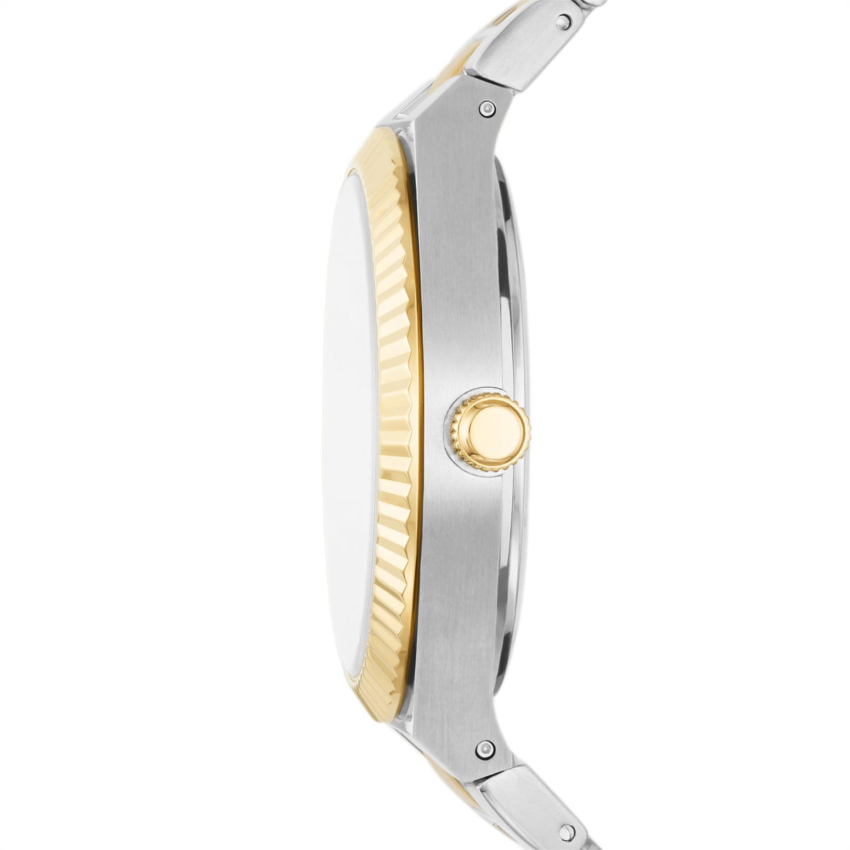 Side profile of two-tone ladies quartz watch with gold bezel edge and silver case