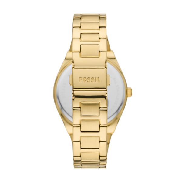 Fossil quartz watch back case in gold-tone steel with FOSSIL text and bracelet links