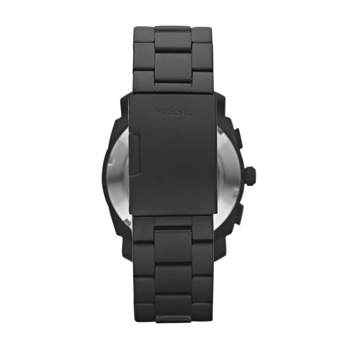 Men's black chronograph quartz watch back view with steel link bracelet