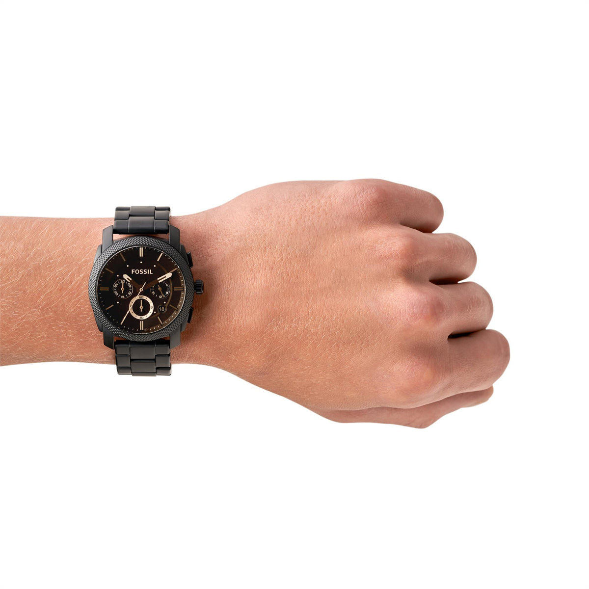 Men's black chronograph quartz watch worn on wrist, black dial and steel band