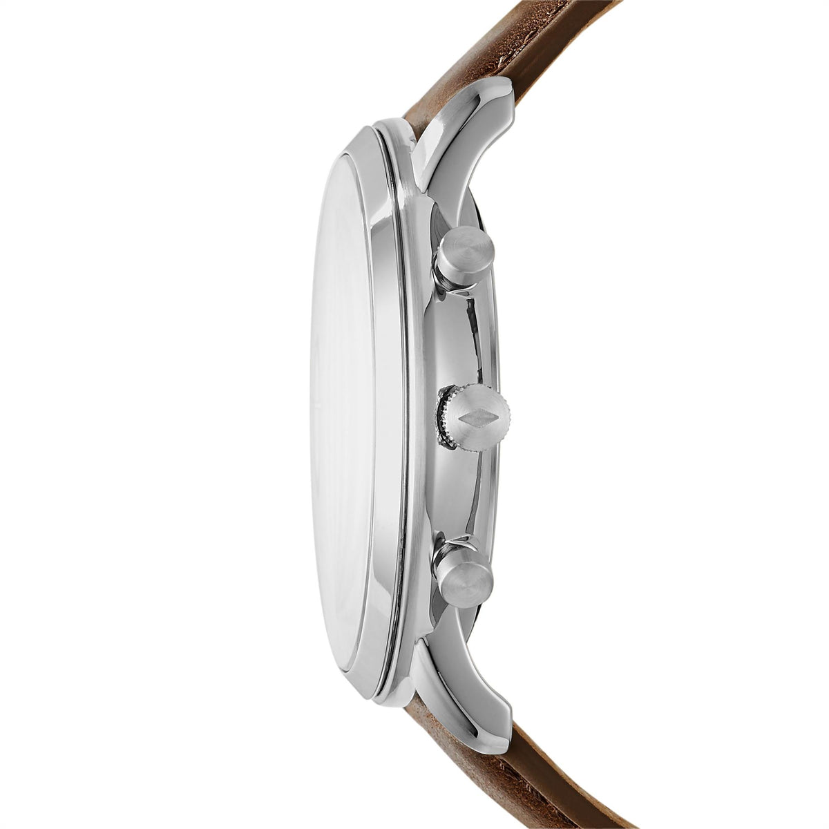 Side profile view of the Fossil Neutra FS5380 timepiece showcasing the polished stainless steel case, textured crown, and dual chronograph pushers
