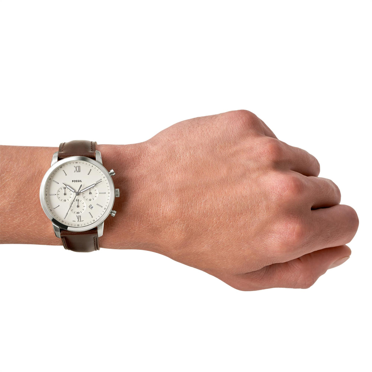 On-wrist studio shot of the Fossil Neutra FS5380 mens watch with a cream dial and brown leather band