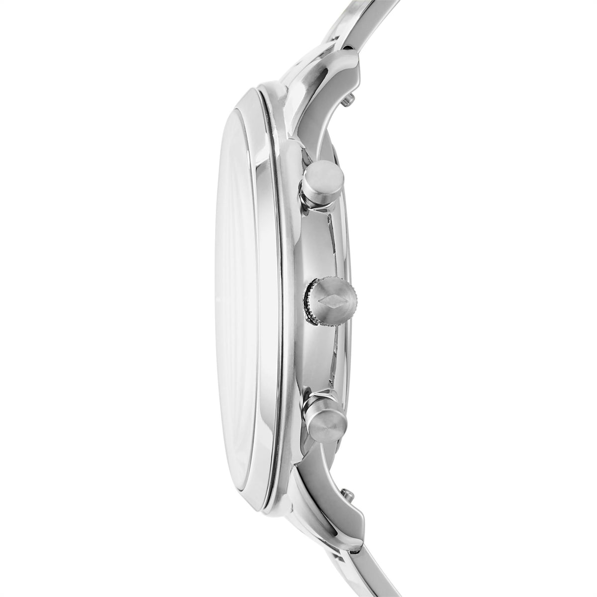 Side profile view of the Fossil Neutra FS5384 timepiece highlighting the polished steel case, textured crown, and dual chronograph pushers