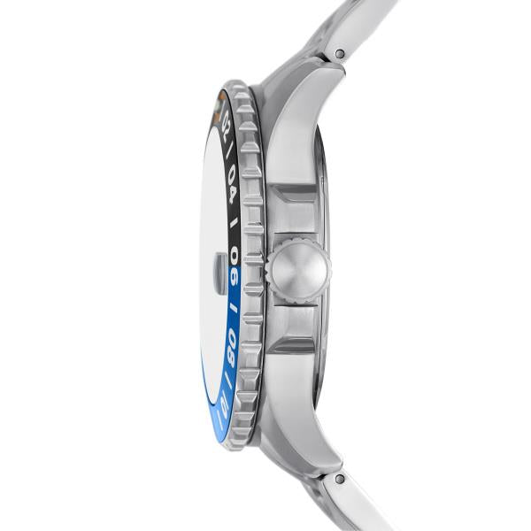 Men's steel quartz watch with blue dial and blue bezel, side view