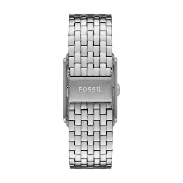 Men's silver steel quartz watch clasp area and engraved case back on bracelet