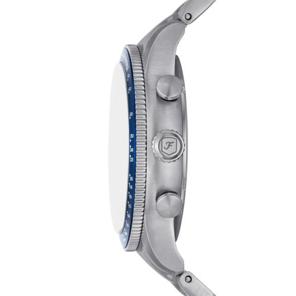 Men's stainless steel chronograph watch with blue dial, side view, two crowns