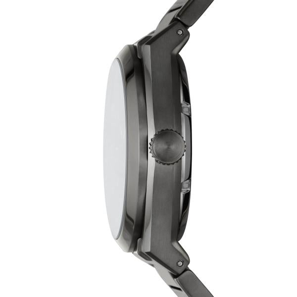 Side view of the Fossil Everett ME3206 self-winding watch highlighting the dark grey case profile and textured winding crown