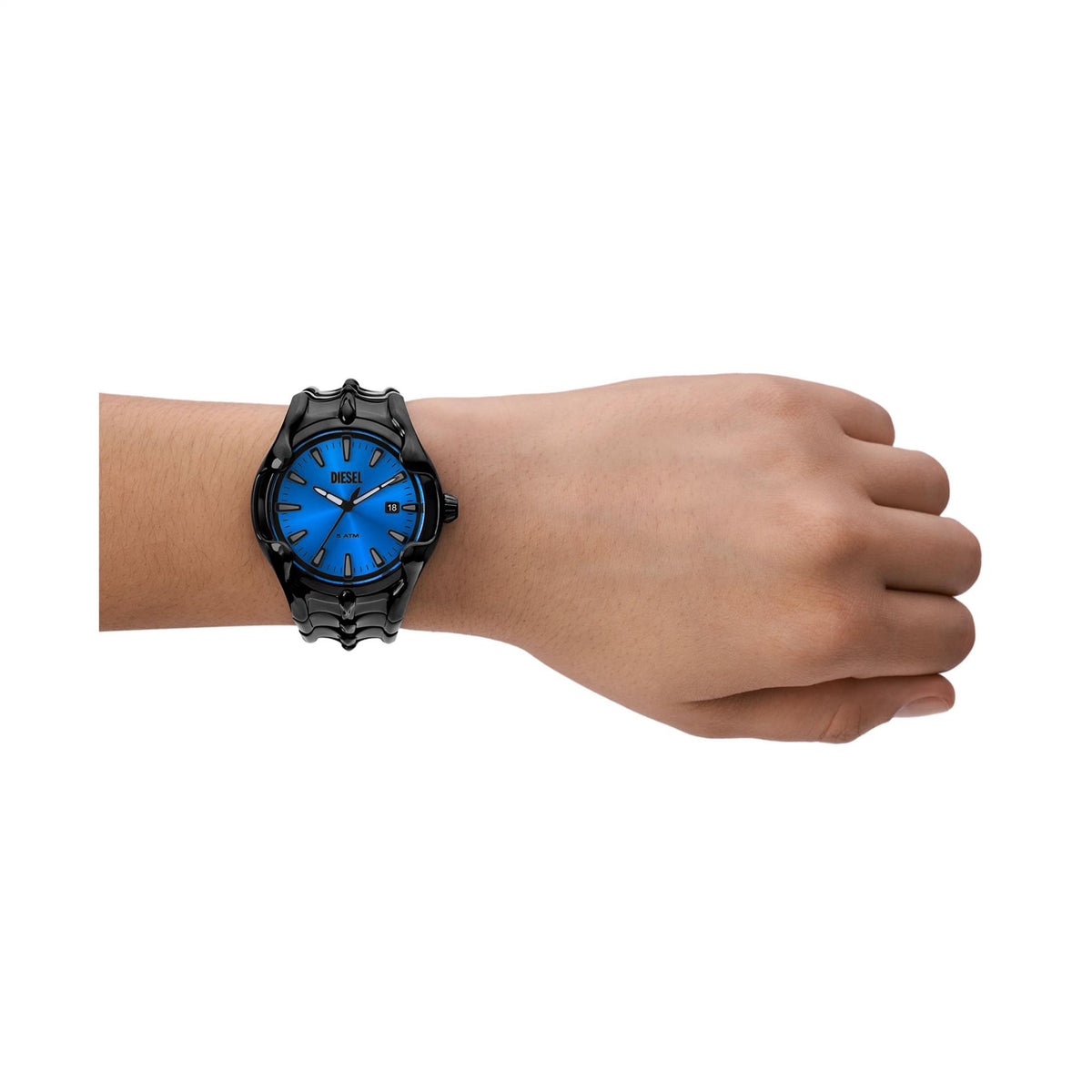 Men’s wristwear quartz watch with blue dial and black textured bracelet on a hand