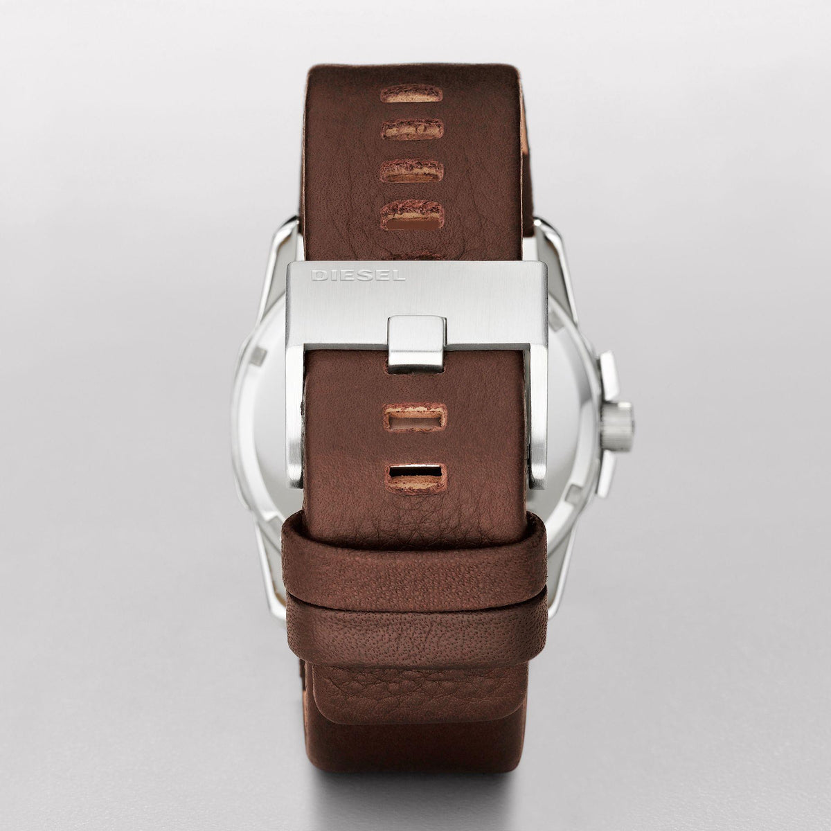 Men's quartz watch back view with brown leather strap and silver case