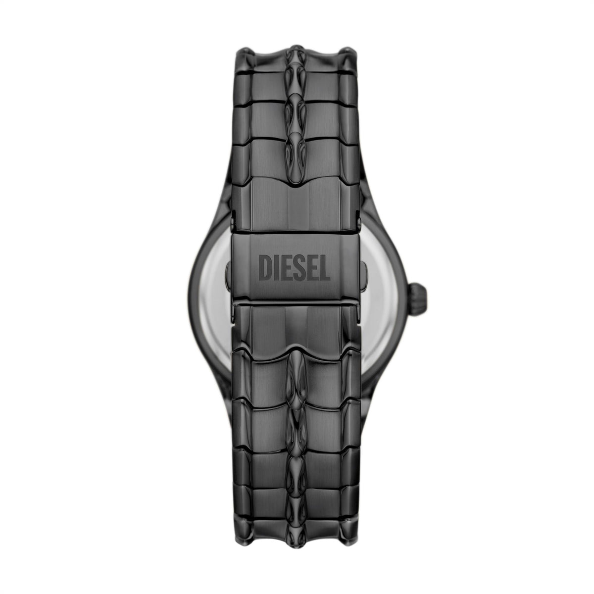 Men's Diesel quartz watch back view with gray-toned metal case and link bracelet