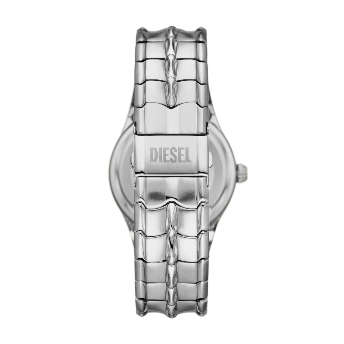 Stainless steel watch bracelet and case back view with textured fold-over clasp