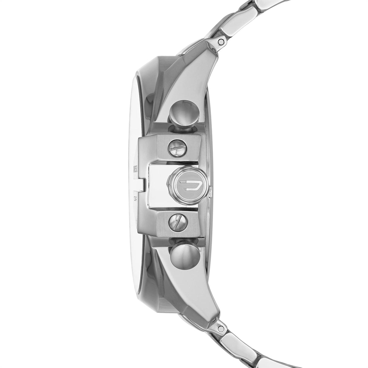 Stainless steel watch side view with crown and three pushers on metal bracelet