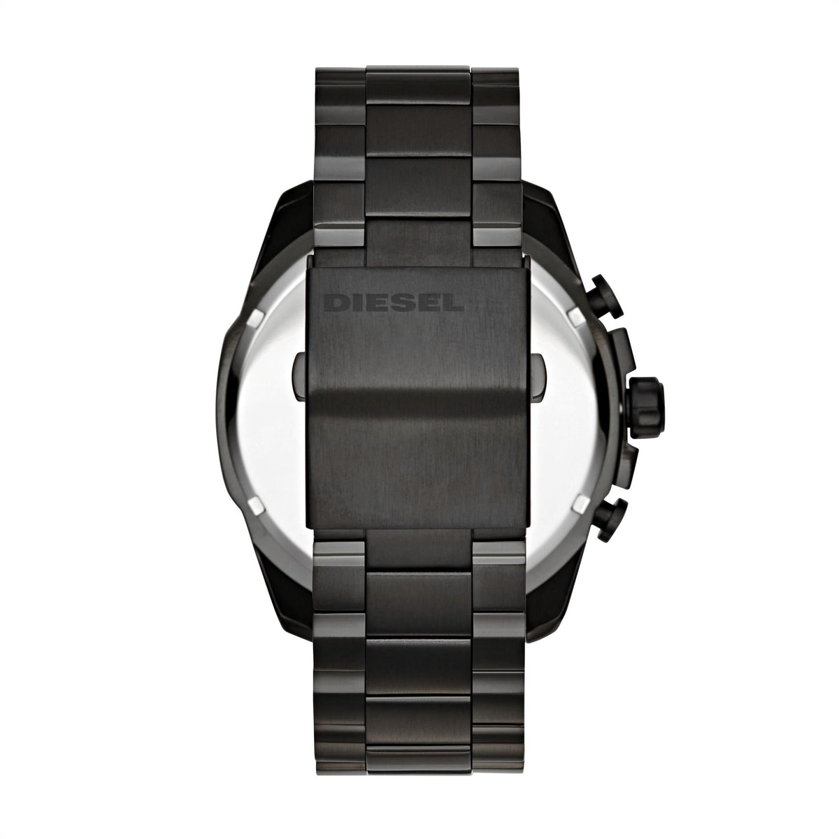 Men's chronograph watch, black dial, metal bracelet with black bezel and side pushers