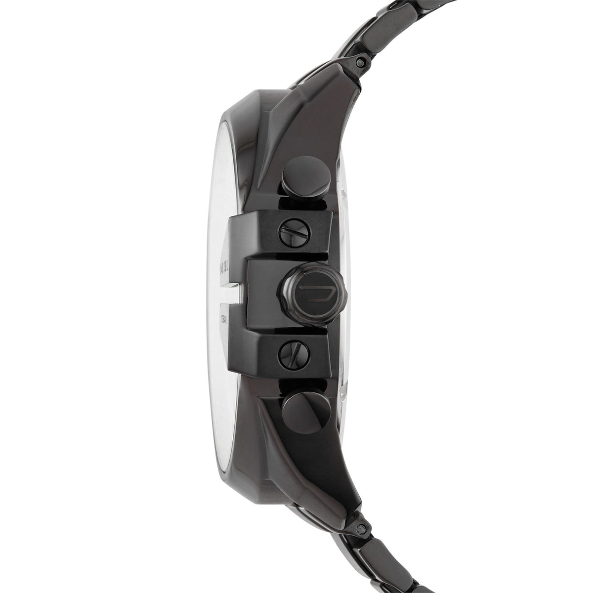 Side view of men's chronograph watch with black case, metal bracelet, round pushers