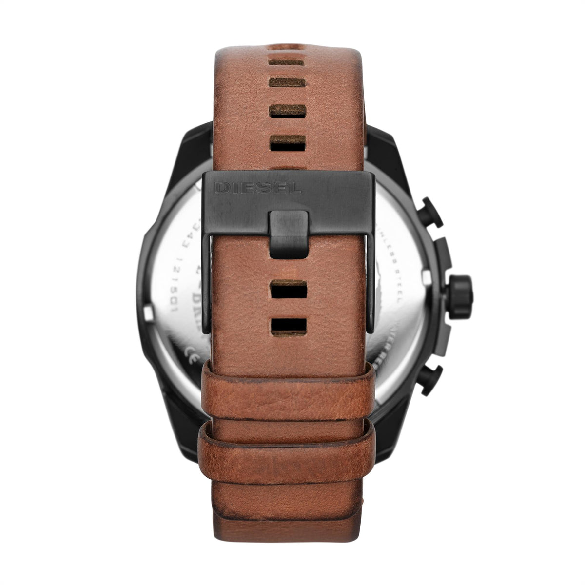 Diesel Mega Chief watch back with brown leather strap and metal case, side buttons.