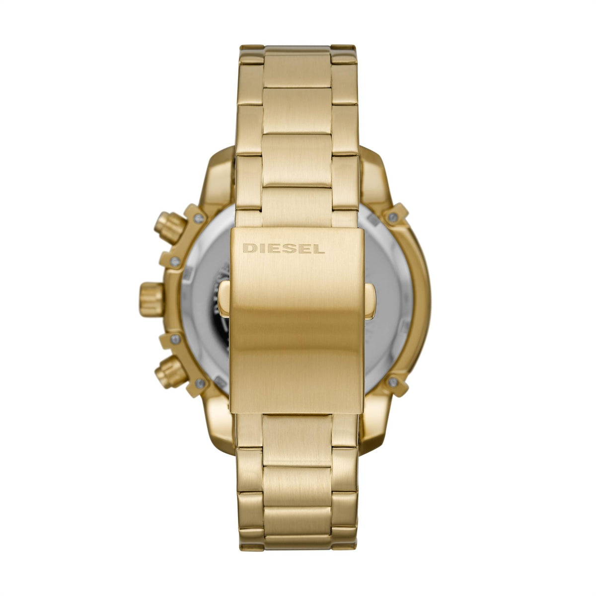 Men's quartz chronograph watch with gold-tone steel bracelet and black dial