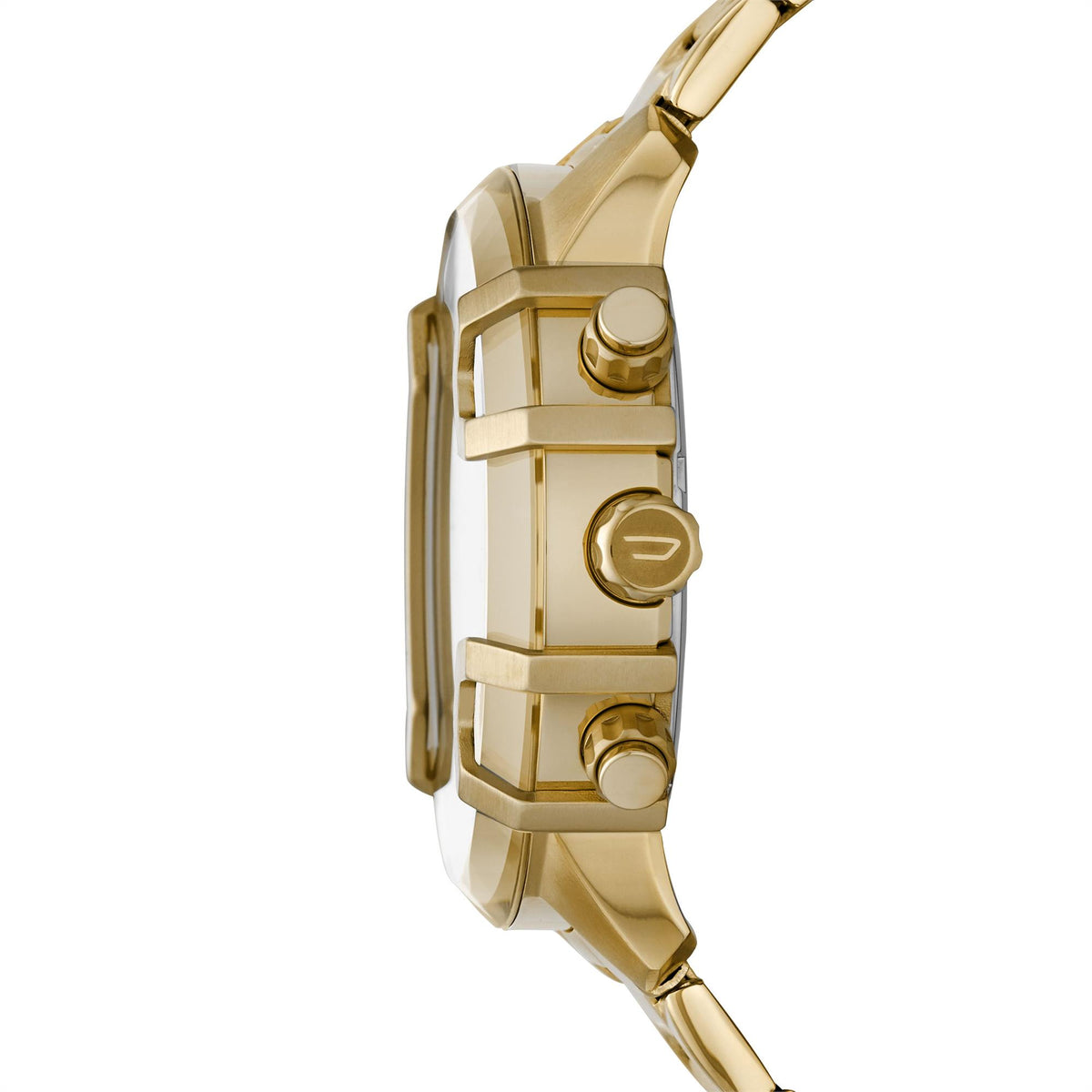 Men's quartz chronograph watch side view with gold-tone steel case and pushers