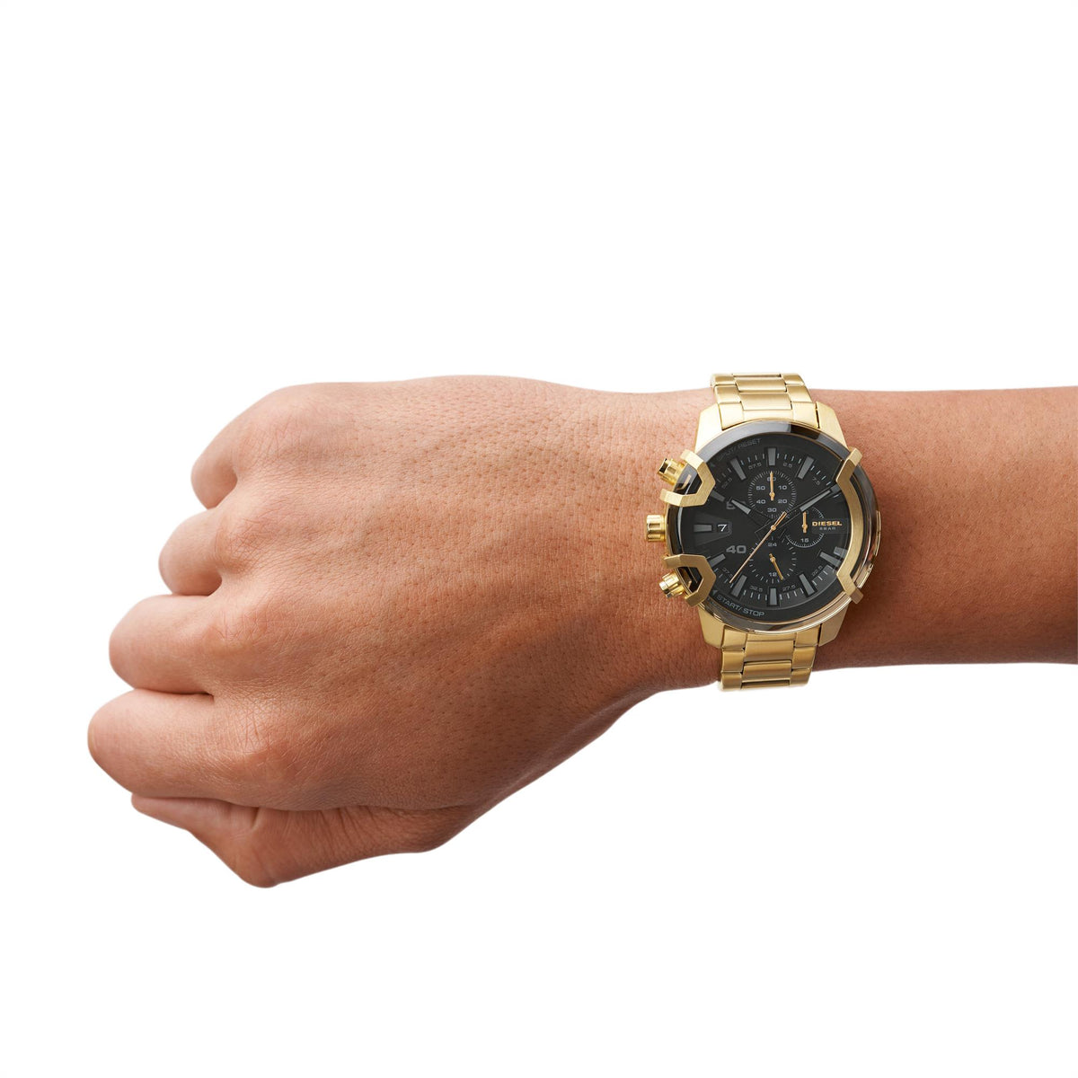 Men's quartz chronograph watch on wrist, gold-tone steel bracelet with black dial