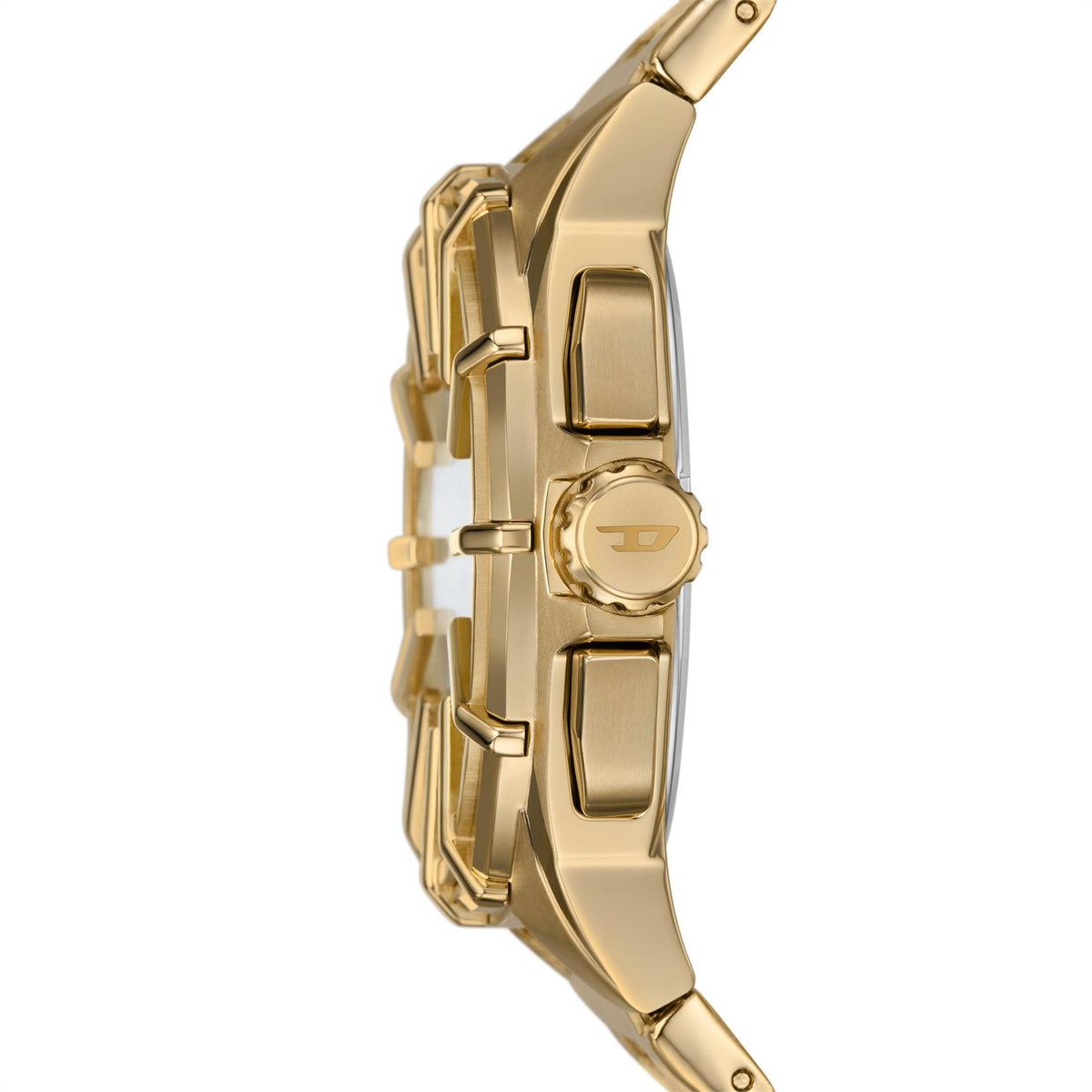 Gold-tone steel chronograph watch side view with crown and pushers, Diesel
