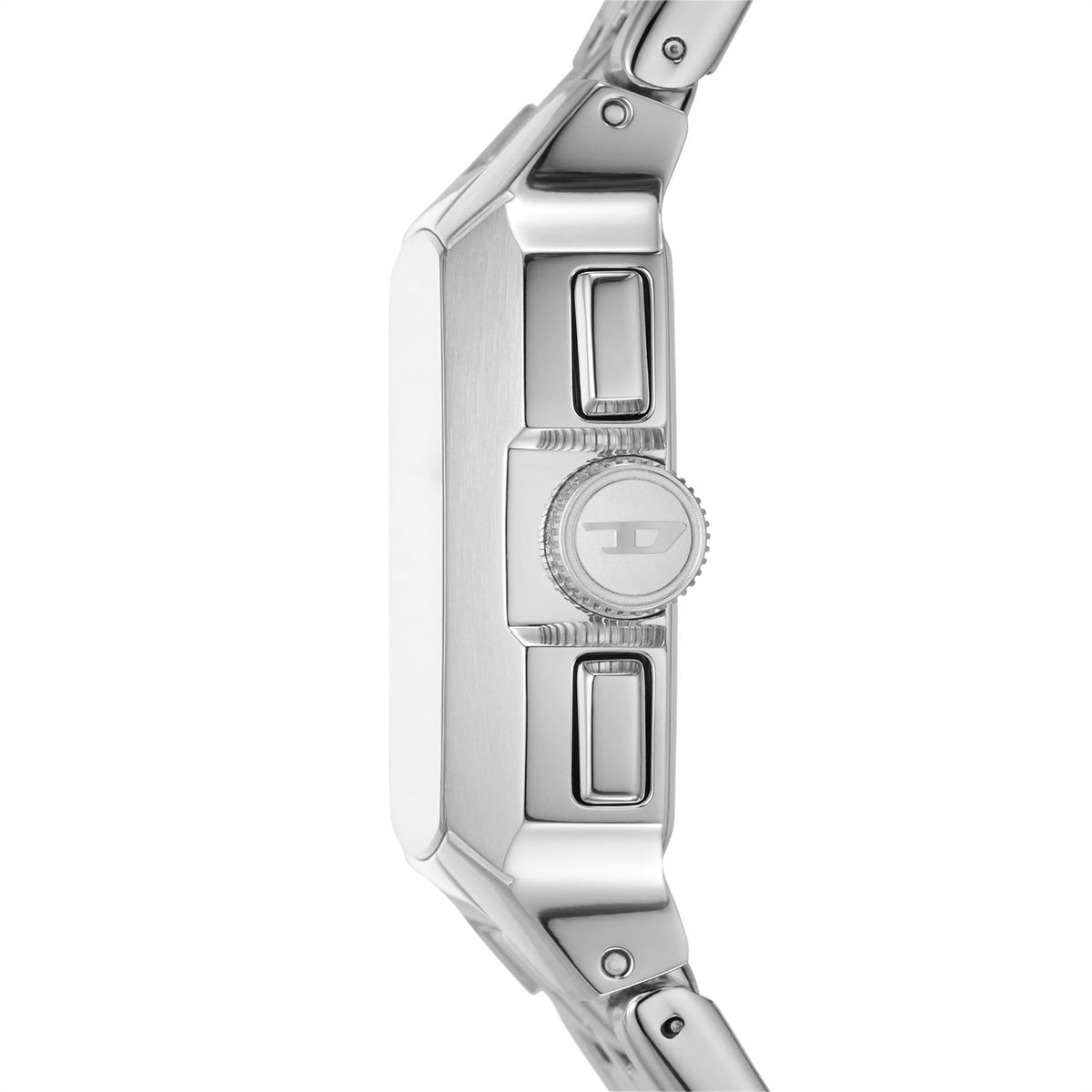 Men's steel chronograph watch side view with crown and pushers on the case