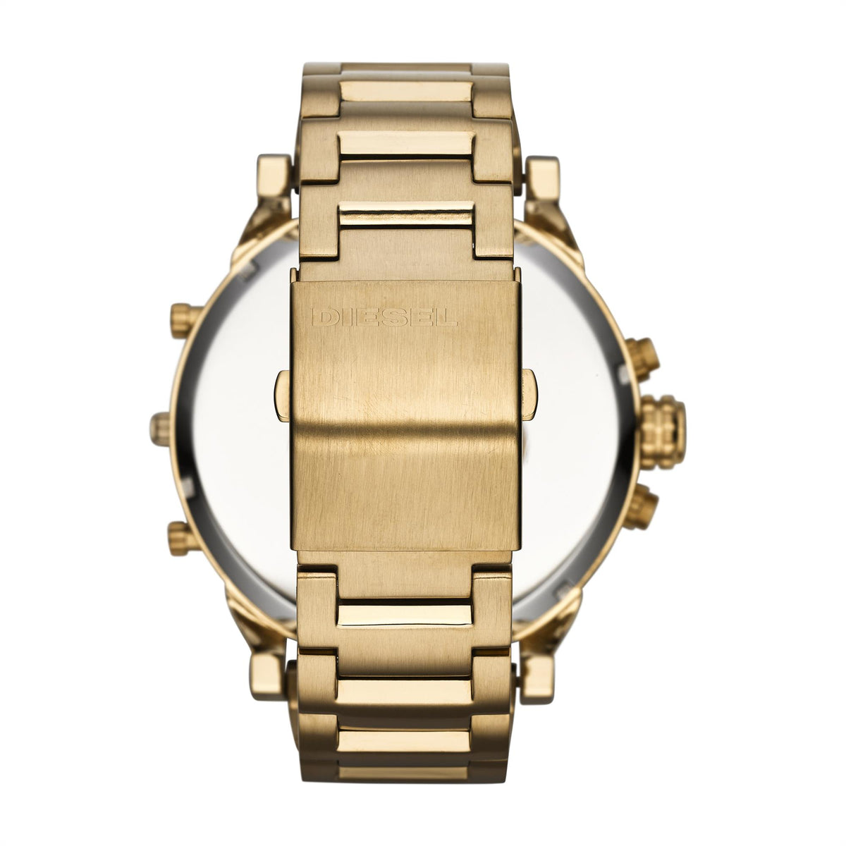 Gold-tone stainless steel watch case with bracelet links, reverse close-up