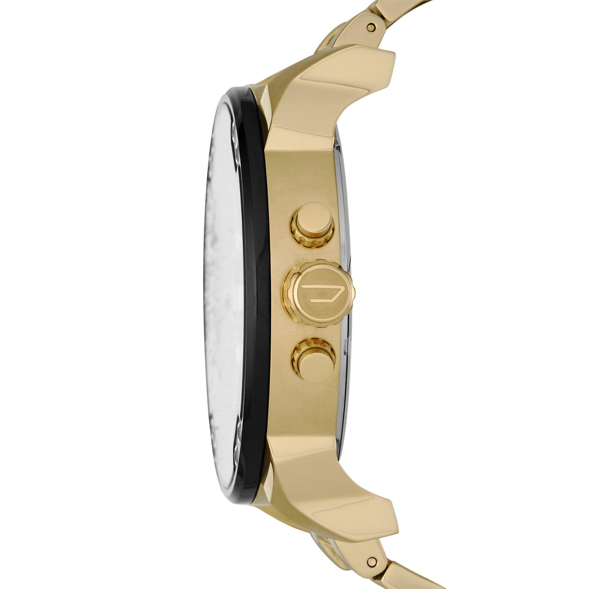 Gold-tone chronograph wristwatch with black dial, side view steel case
