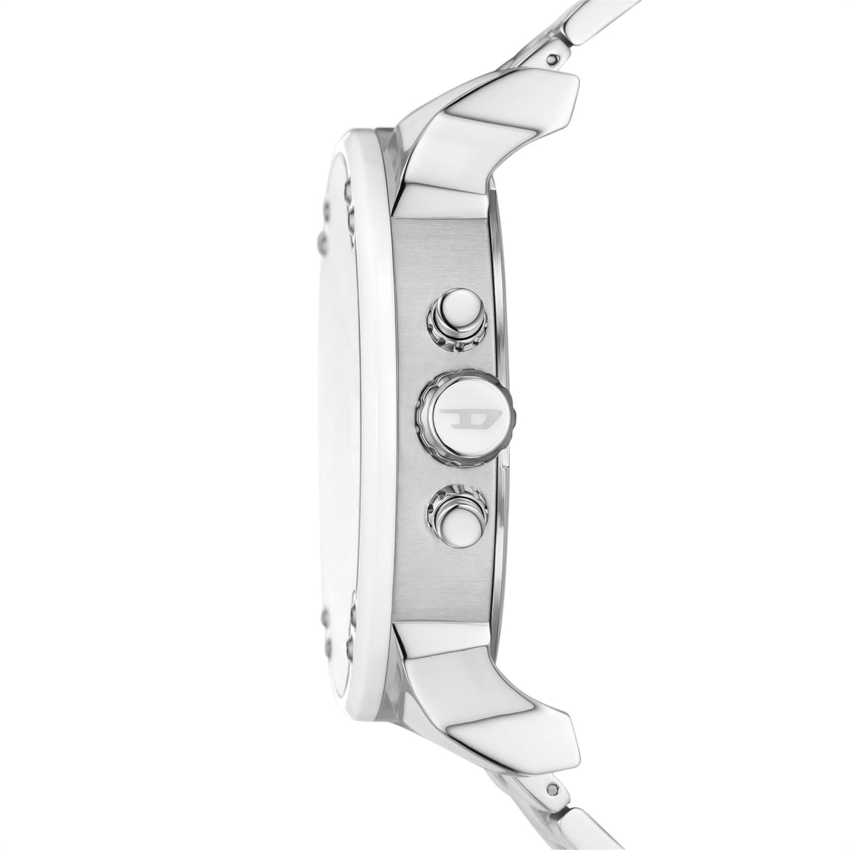 Men’s silver stainless steel watch case side with crown and pushers
