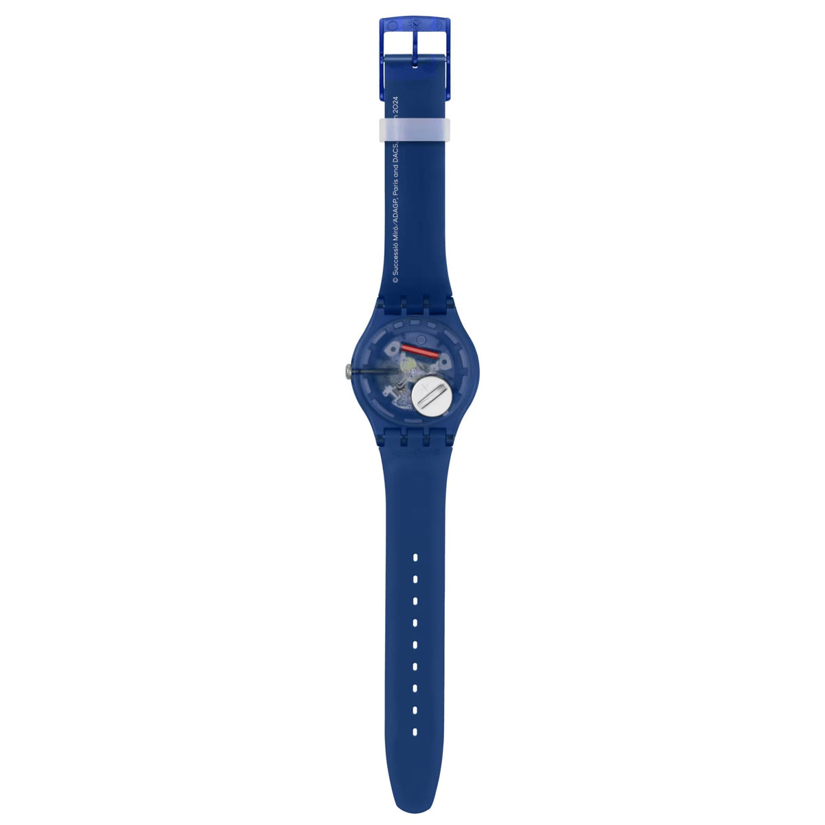 Blue silicone strap watch viewed from back with round case and pattern strap