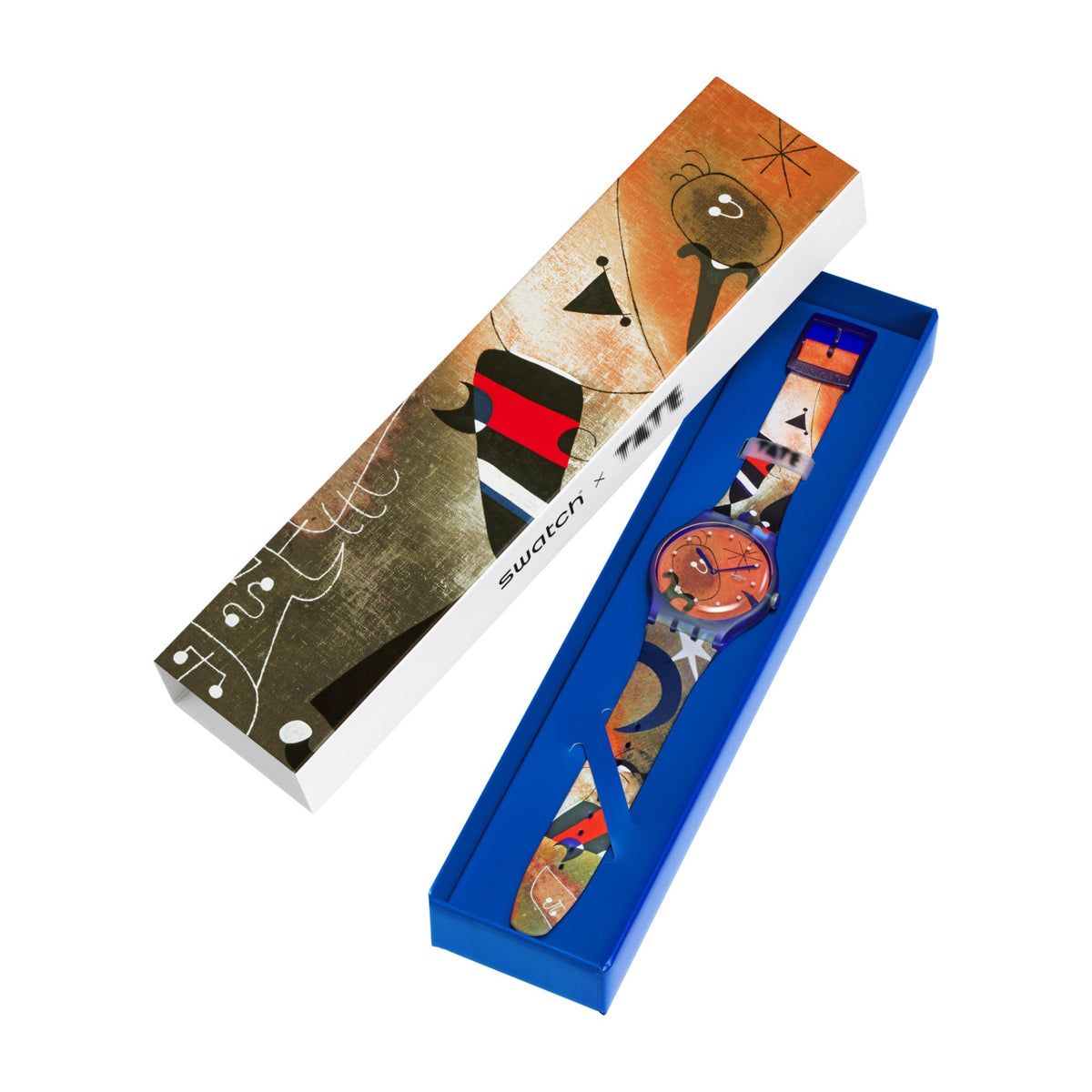 Watch box set with blue packaging and orange dial silicone strap watch inside