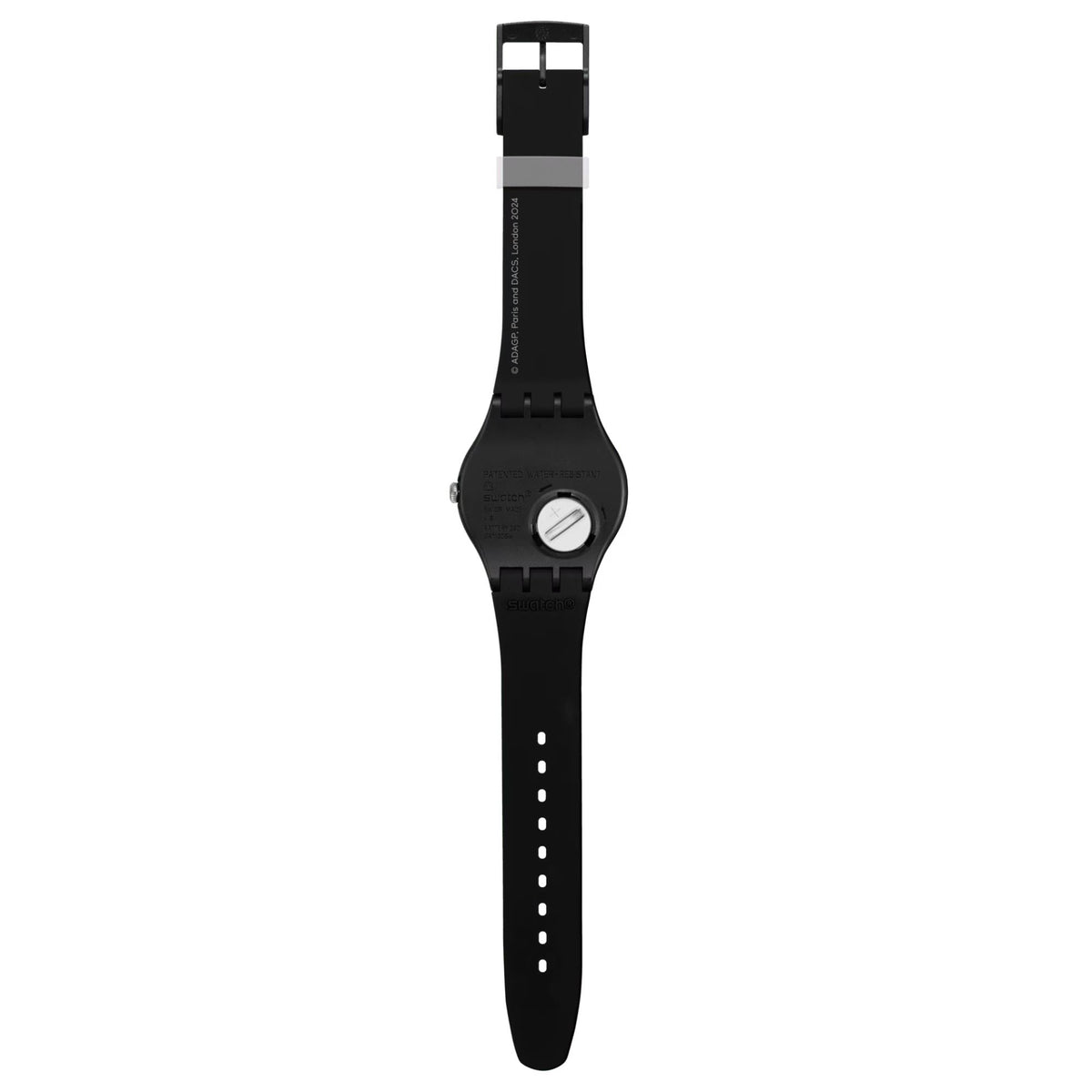 Black silicone strap watch, underside view with adjustable holes
