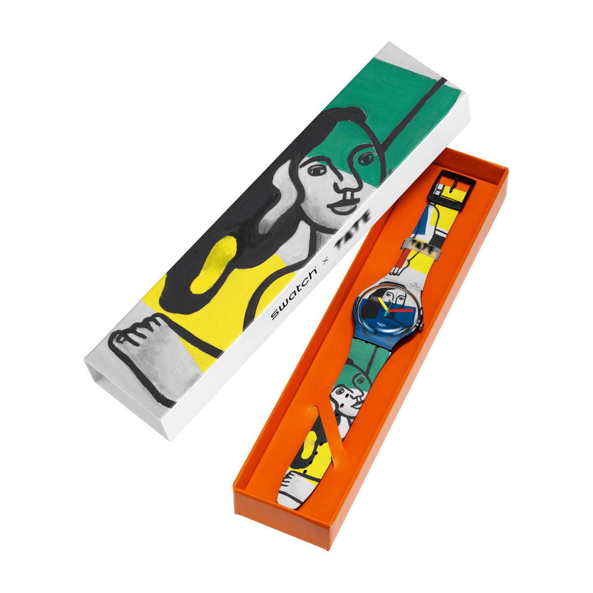 Swatch watch gift box set with illustrated strap and watch inside