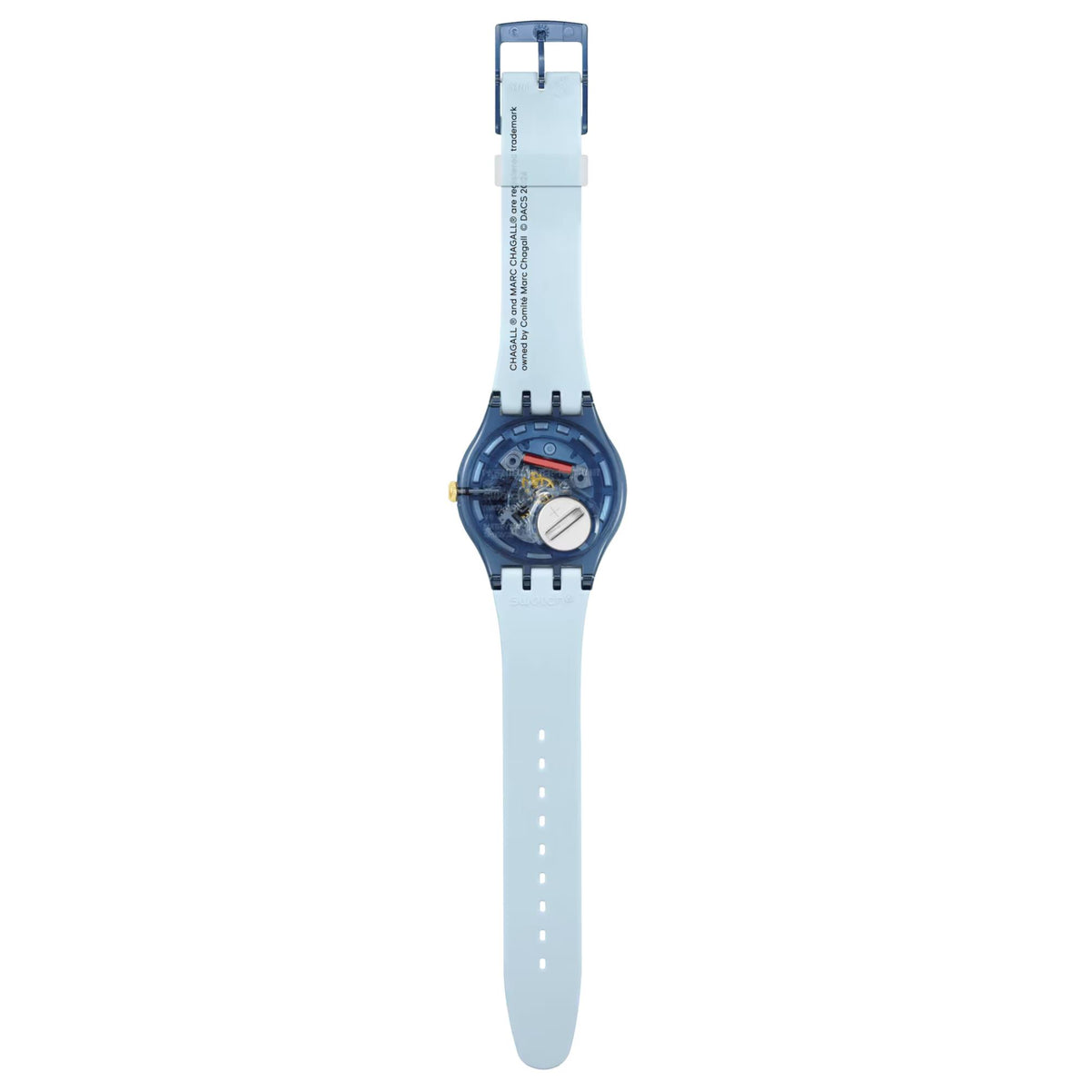 Light blue Swatch silicone strap watch with round dial and gold crown