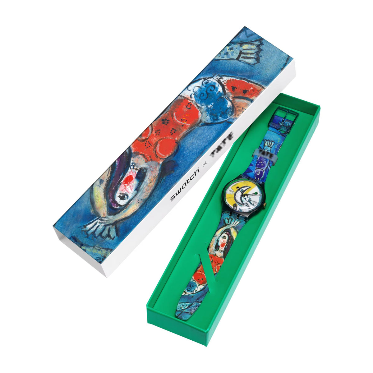 Swatch watch in green box with blue circus dial and silicone strap