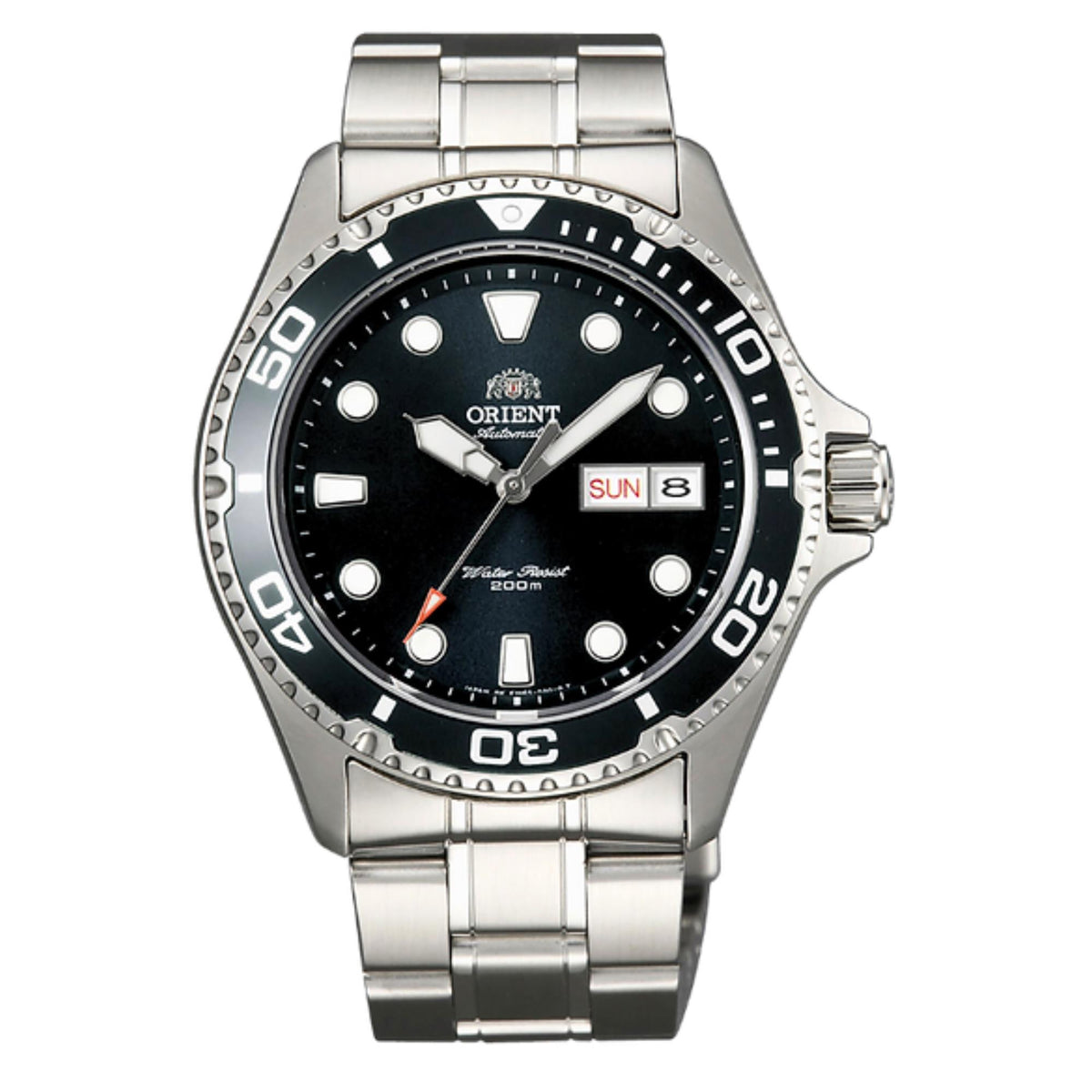 Men's steel automatic watch with black dial, rotating bezel, day/date window