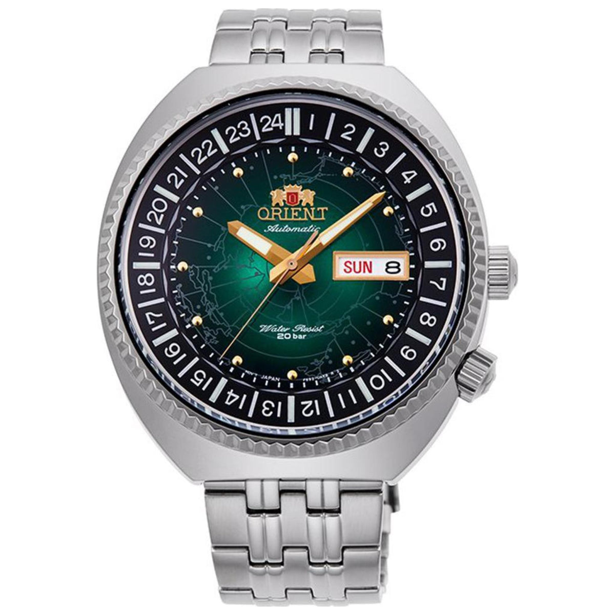 Men's automatic watch with green world map dial, steel bracelet, date window