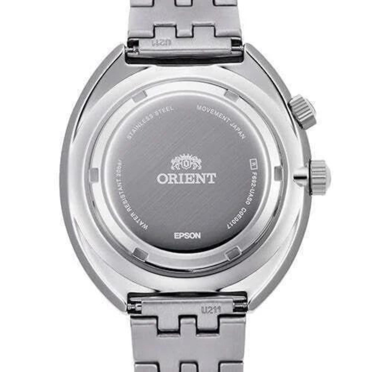 Men's steel automatic watch caseback with Orient logo and Epson text