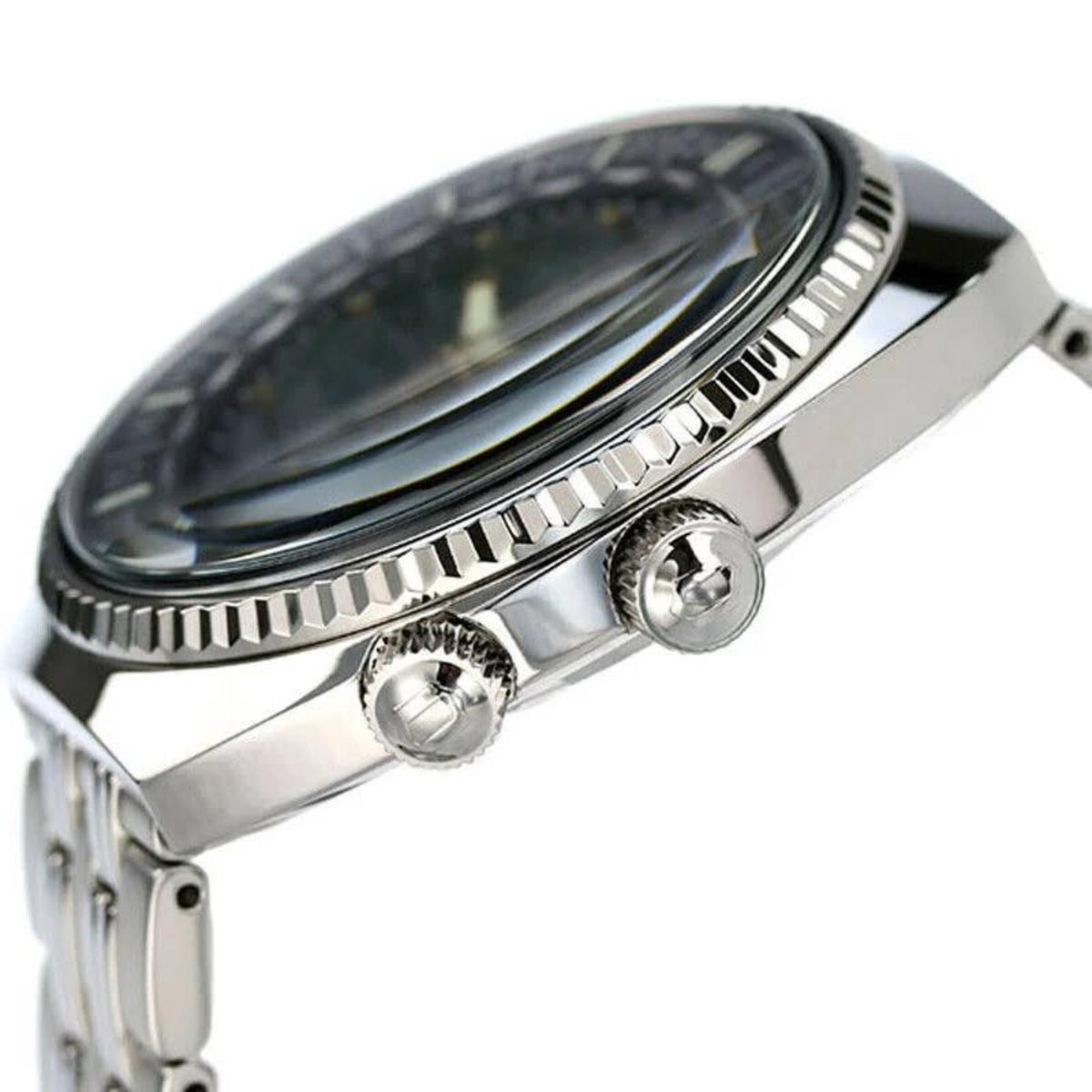 Men's steel automatic watch side with crown and two pushers