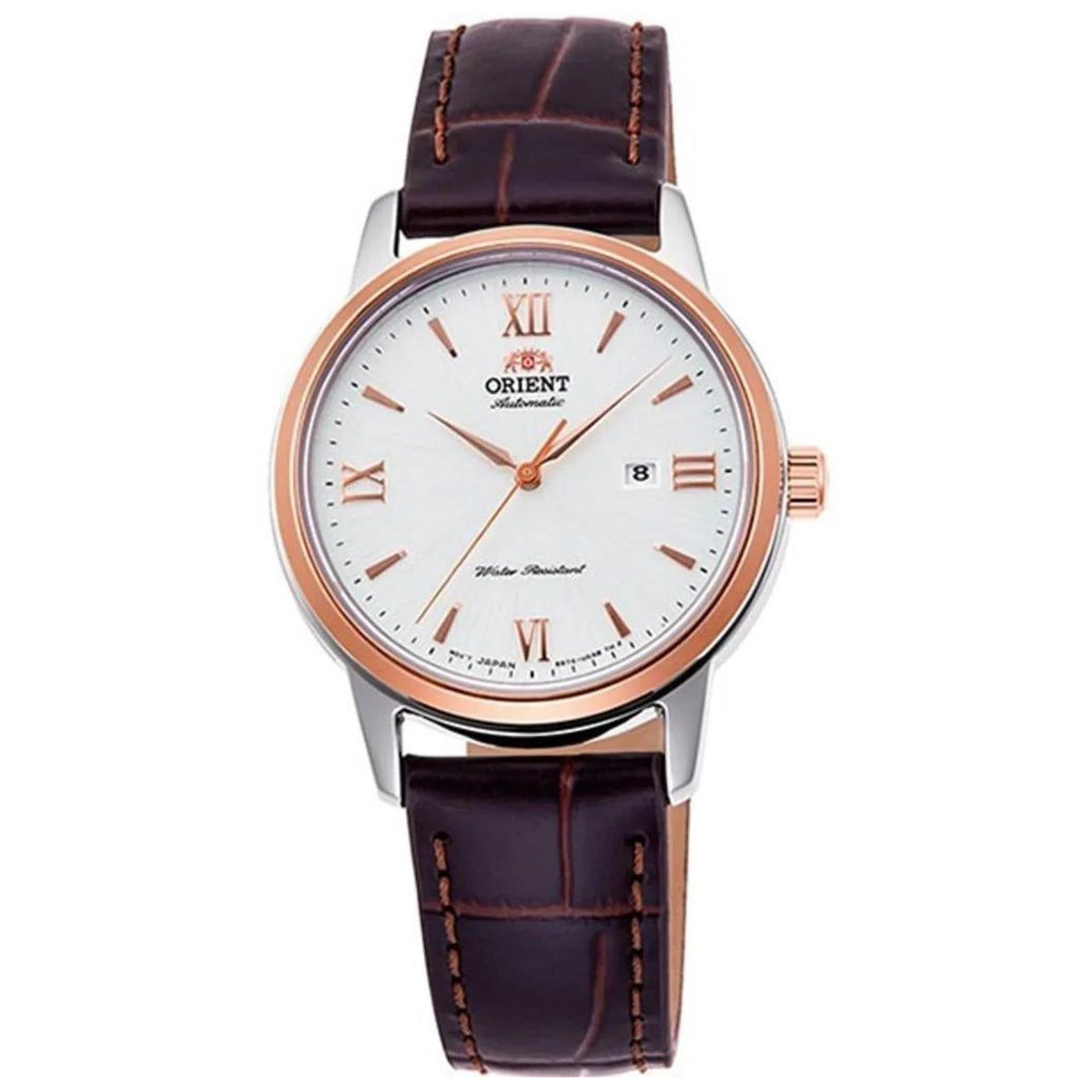 Ladies automatic watch with white dial, Roman numerals, brown leather strap and rose-gold bezel