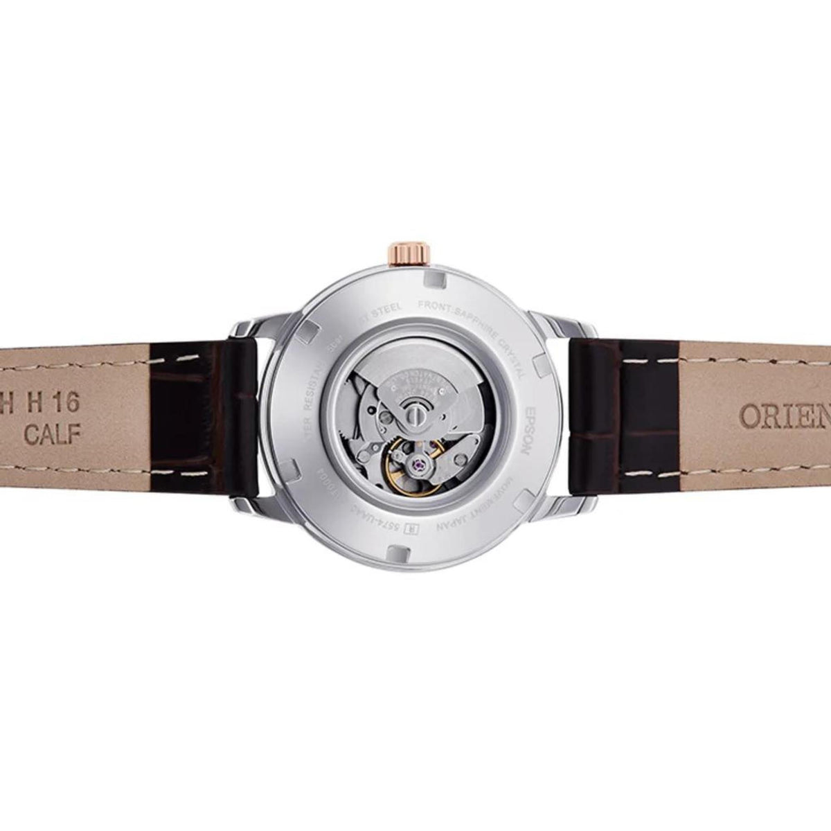 Automatic watch back view with visible movement, brown leather strap and silver case