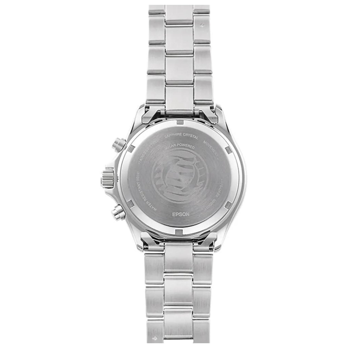Steel Orient chronograph watch caseback with metal bracelet and side pushers