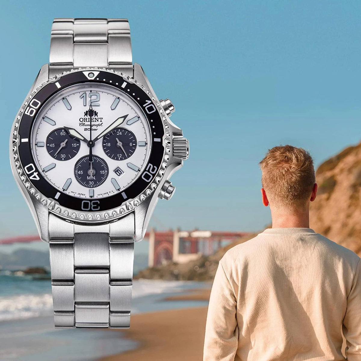Orient chronograph steel wristwatch with white dial and linked metal bracelet
