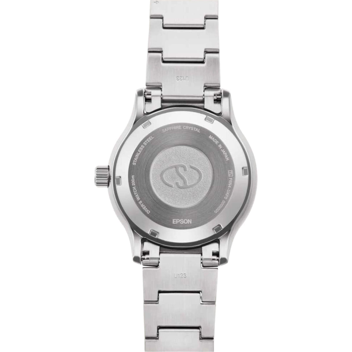 Orient Star automatic diver watch caseback, brushed steel back, bracelet links