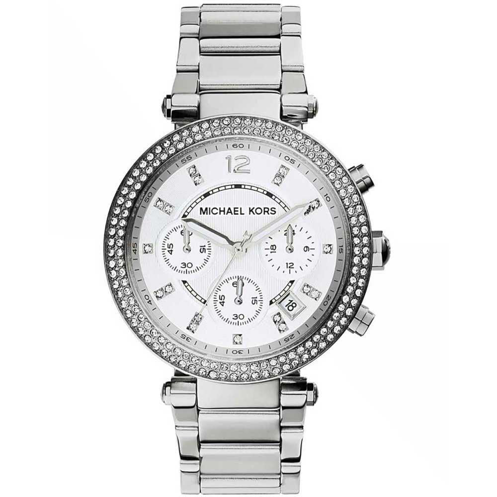 Stainless steel chronograph watch with white dial and crystal-studded bezel, linked bracelet