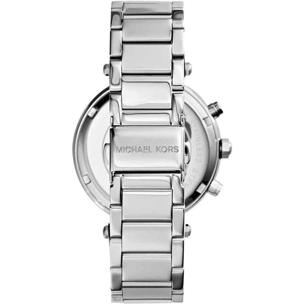 Stainless steel watch caseback with MICHAEL KORS logo and linked bracelet, side buttons