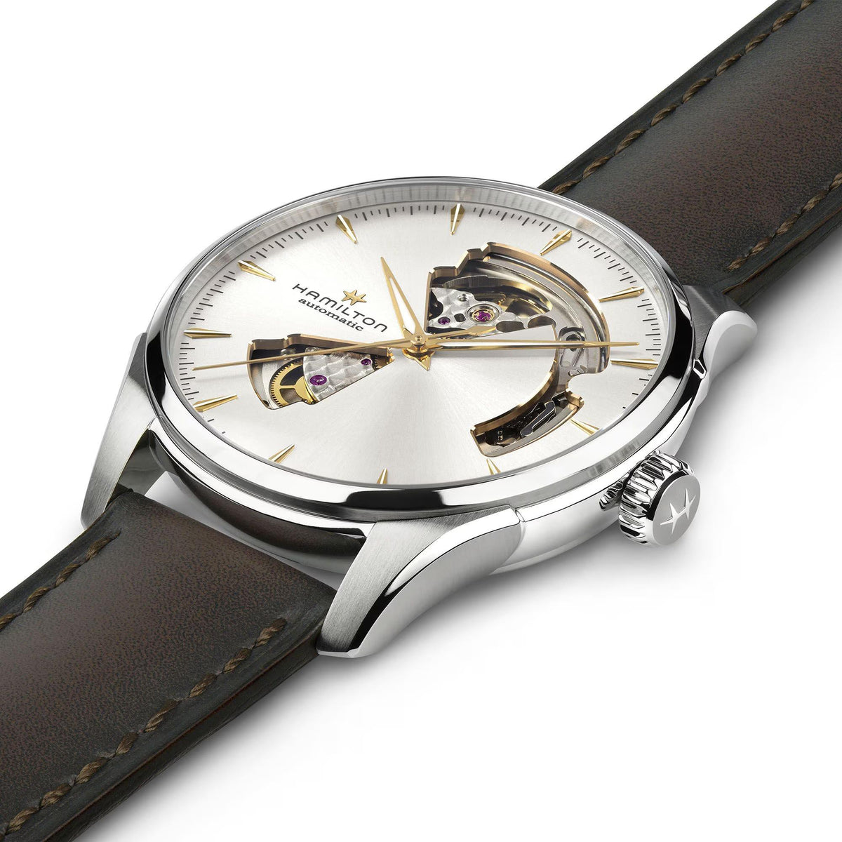 Hamilton Jazzmaster H32675551 silver dial open heart watch angled view displaying polished steel case and dark brown leather band