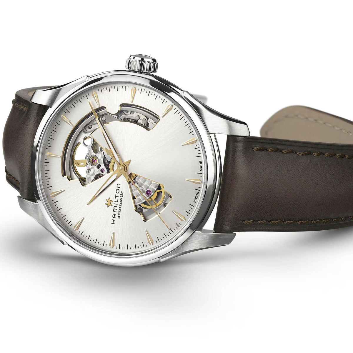 Hamilton Jazzmaster H32675551 mens watch side profile showing crown detail and open heart silver dial